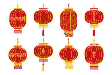 Set of colorful red Chinese lanterns with golden dragons and ornaments. Decor elements, vector