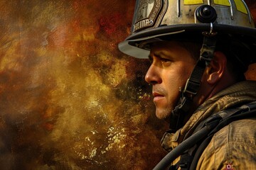 A web design background wallpaper showcasing the heroic image of a firefighter, enhanced with gritty and grainy effects, imparting a sense of resilience and determination - obrazy, fototapety, plakaty