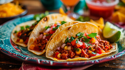 Plato de tacos - Comida mexicana pico de gallo, cebolla, verduras y carne - obrazy, fototapety, plakaty