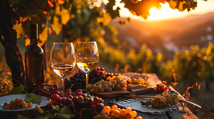 Fototapeta premium Atardecer en la Viña: Cata de Vino entre Racimos de Uva