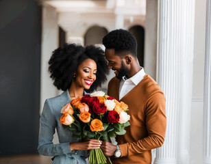 An African American man gives a woman a bouquet of flowers, a couple in love on the street, signs...