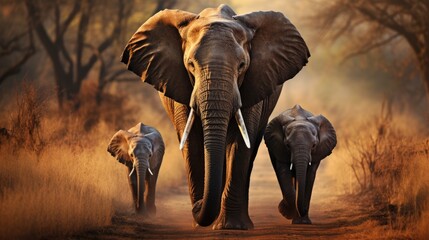 portrait of elephant herd in african savanna walking