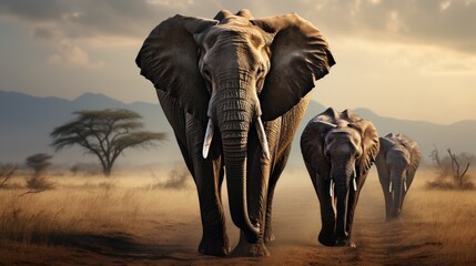 portrait of elephant herd in african savanna walking
