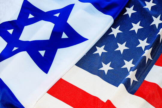 Israel USA. Israel flag, American flag. Concept: Israel–United States relations, partnership, visa-free travel U.S. for Israeli citizens and american citizens to Israel, two countries