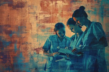 A comforting background texture unfolds as a healthcare team collaborates, set against a soft fabric backdrop with subtle grit and grain effects. The scene exudes a sense of unity and professionalism
