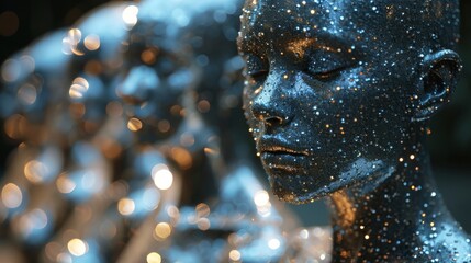 Glittering Blue Contemplation.
Side view of a person with blue glitter skin in contemplative pose, bokeh background.