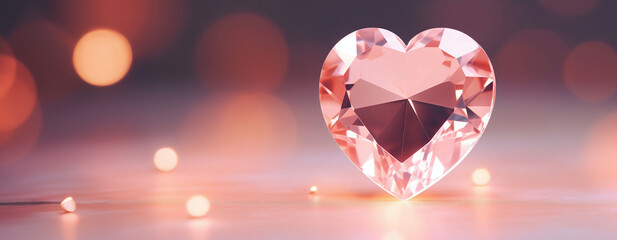 Fototapeta premium Sparkling heart diamond with dreamy bokeh lights, on a soft peach backdrop, design for luxury branding and high-end jewelry, romantic celebration Valentine's Day, banner with copy space