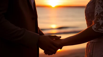 Foto op Plexiglas Couple Holding Hands Against a Sunset Beach Backdrop © Ronald