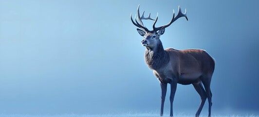 Red deer stag on blue background with copy space. 