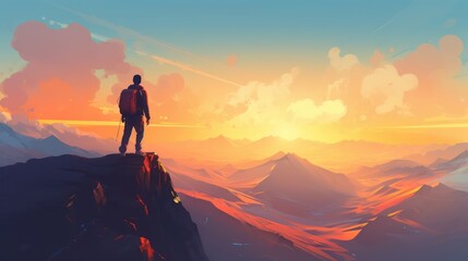 Man with tourist backpack and mountains abstract flat background. Generative AI