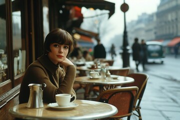 A timeless retro photograph captures the allure of a female seated at a Parisian café table in the 1960s. The scene exudes a classic charm, depicting an era of grace, fashion