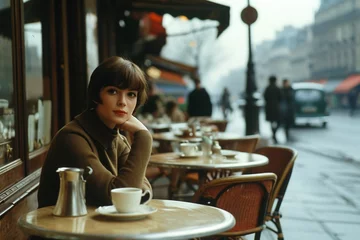 Foto op Canvas A timeless retro photograph captures the allure of a female seated at a Parisian café table in the 1960s. The scene exudes a classic charm, depicting an era of grace, fashion © Martin