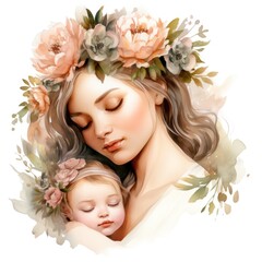 Obraz na płótnie Canvas Lovely Mom and Baby on white background, Watercolor Sublimation design , illustration ,artwork graphic design.