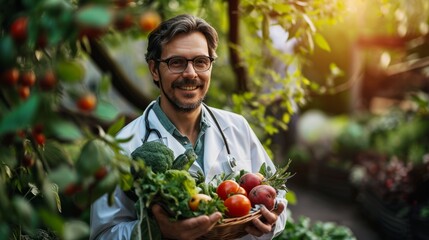 Professional healthcare provider holding fresh vegetables and smiling.