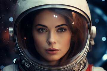 Generative AI picture of astronaut spaceman woman do space walk working space station in outer space futurism