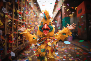 Kid in the chicken costume against Lot of confetti outdoors - obrazy, fototapety, plakaty