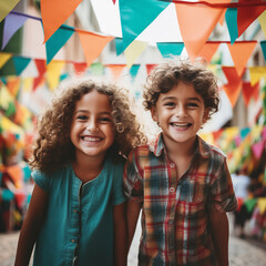 Two kids on Portuguese carnival against festival flags garland on the street - obrazy, fototapety, plakaty