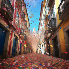 Fototapeta na wymiar Lot of festival confetti on the old Lisbon street