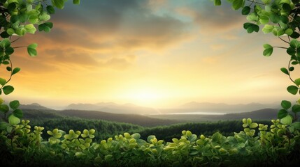 Naklejka premium Green magic forest landscape with clover background. St. Patrick's Day concept. Abstract green fantasy mystery nature Illustration for design, brochures, banner, greeting card.