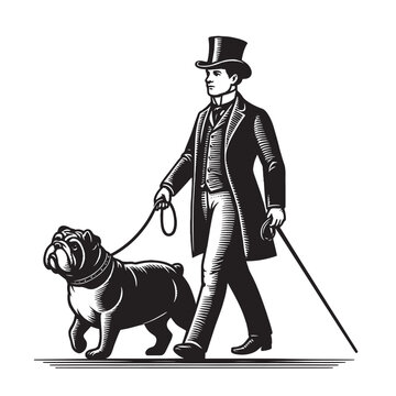 An English gentleman with a cane and a bowler hat walking with a bulldog dog. Vintage black engraving isolated icon