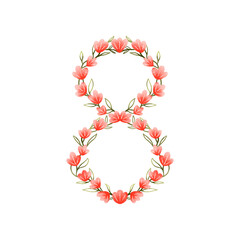 Number 8 composition with red flowers and decorative leaves. Han