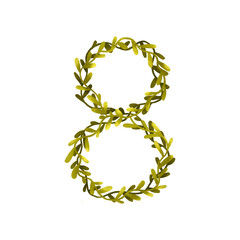 Alphabet number 8 with green leaves. Botanical design. Internati