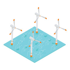 Wind generators In the sea with silhouettes of fish underwater and waves.Vector isometric illustration.