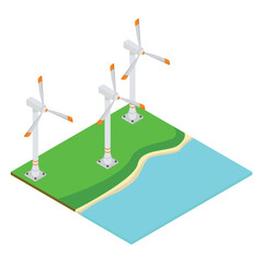 Wind generators in a field near the water.Vector isometric illustration.