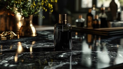 Fototapeta na wymiar a bottle of black perfume mockup on a black with shiny marble, in the style of minimalist monochromatic landscapes, 