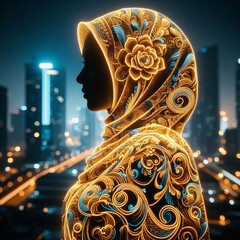Illustration of a silhouette of a woman wearing a hijab made from gold thread forming batik can be used as a graphic design  - obrazy, fototapety, plakaty