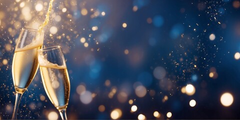 Champagne Toast Celebration - Happy New Year With Golden Glitter On Blue Abstract Background And Def - obrazy, fototapety, plakaty