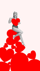 Beautiful young woman sitting on many hearts over white background. Holiday of love. Creative art...