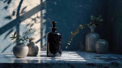 a bottle of black perfume mockup on a blue studio, 