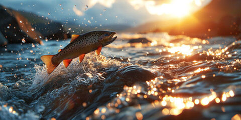 Close-up of a rainbow trout jumping out of the turbulent waters of a mountain stream at sunrise - obrazy, fototapety, plakaty