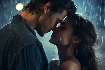 Generative ai image of romantic couple hugging kissing in the rain