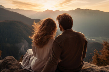 AI generated image photo of married people enjoying romantic moment evening sunset in mountain
