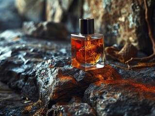 a bottle of perfume dark background,