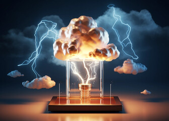 Cloud and lightning shaped award on podium and dark background