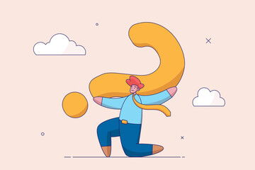 Doubtful or stress burden concept. Hard question with no answer or solution, critical business problem, frustrated tried businessman carrying heavy big question mark sign burden.