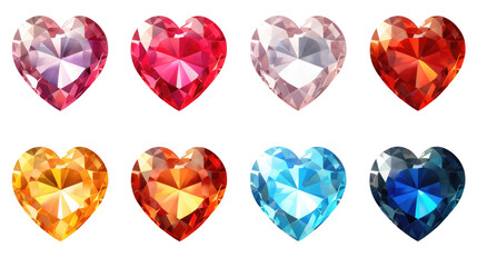 Set of colorful shiny gemstones, diamonds, crystal, sapphires, rubies in heart shape isolated cutout on transparent background