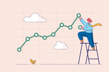 Fototapeta na wymiar Stock price growth concept. Asset price soaring or rising up, bullish stock market or economic recovery, confident businessman trader climbing up ladder to draw green rising up investment line graph.