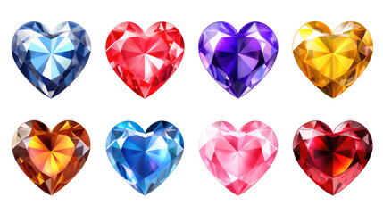 Set of colorful shiny gemstones, diamonds, crystal, sapphires, rubies in heart shape isolated cutout on transparent background - obrazy, fototapety, plakaty