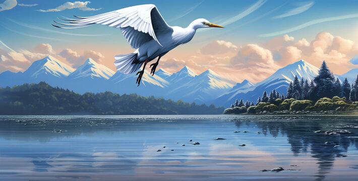 snowy egret wading on the shore with snow capped