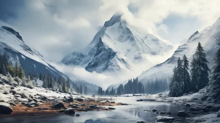 Crédence de cuisine en verre imprimé Rivière forestière Panorama landscape of mountain river in winter with snow and ice