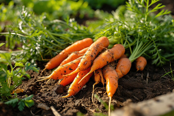 Fresh carrots. Harvest fresh organic carrots on the ground