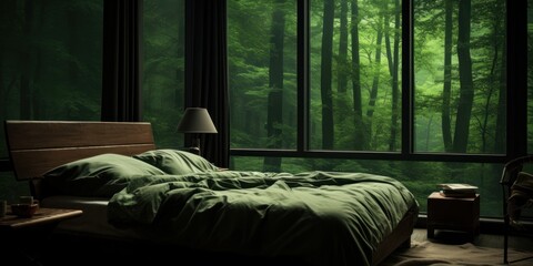 Tranquil residential bedroom with a panoramic window overlooking a misty forest landscape.