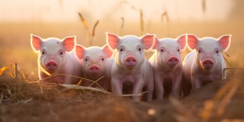 Adorable piglets in a rural field, showcasing the charm of farming life and animal husbandry.