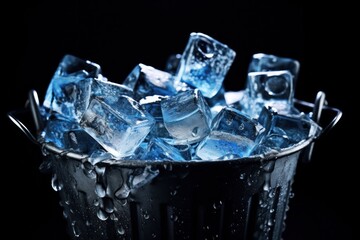 A metal bucket with frozen ice cubes, droplets of water, and a refreshing look.