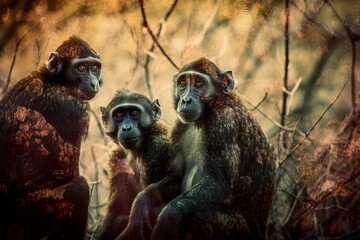 Three Majestic Monkey in the Savanna: A Stunning Double Exposure of African Wilderness. Generative AI