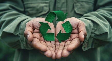close-up of hands holding a vibrant green recycling symbol promoting environmental awareness and waste reduction